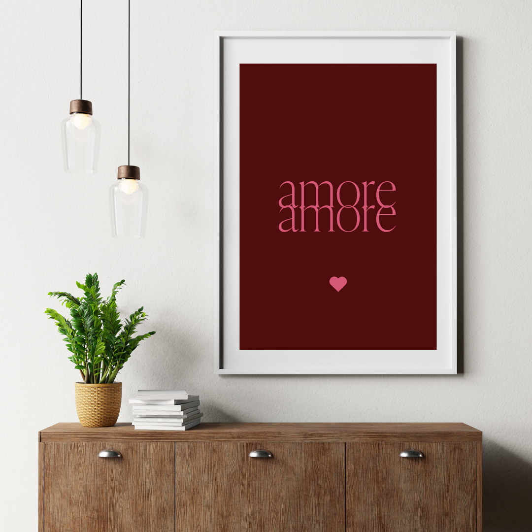 Amore Amore Poster A2 im Design mit typografischer Schrift, beidseitig bedruckt – perfekt als Einweihungsgeschenk oder moderne Wohnaccessoires.